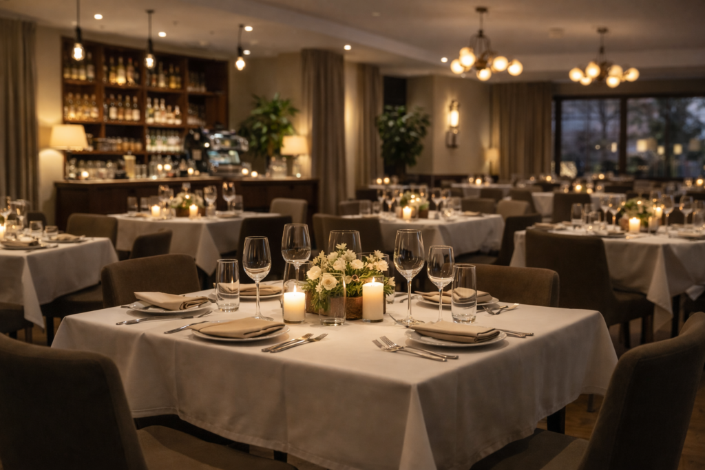 Stilvoll eingerichtetes Restaurant ohne Gäste mit rund gedeckten Tischen, Kerzenlicht und warmem Ambiente.
