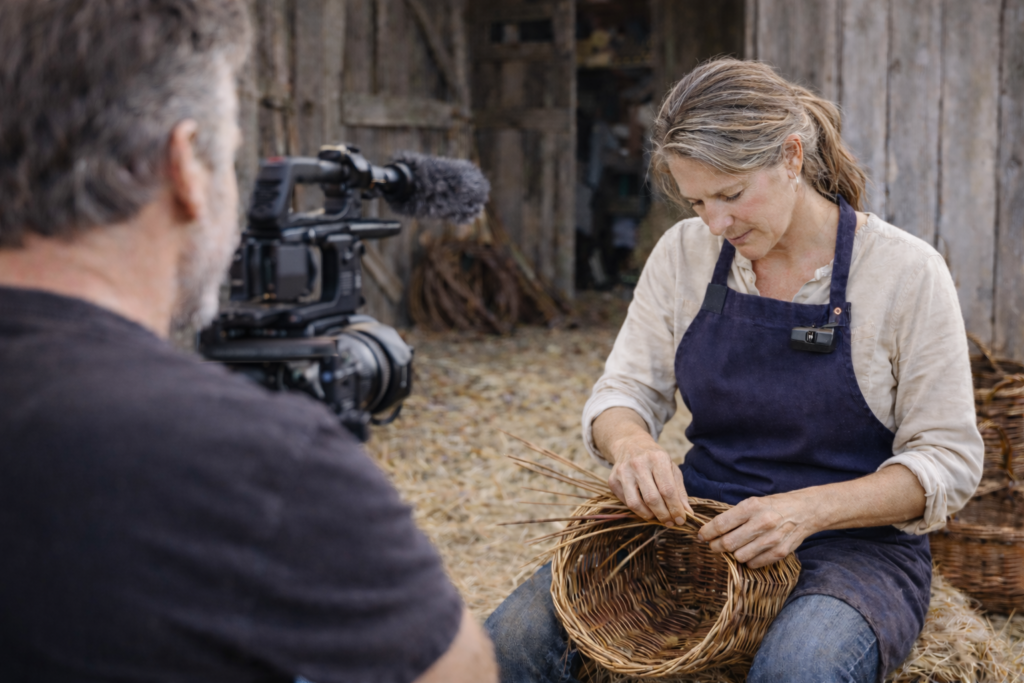 Korbflächterin wird von einem Kameramann bei der Arbeit gefilmt