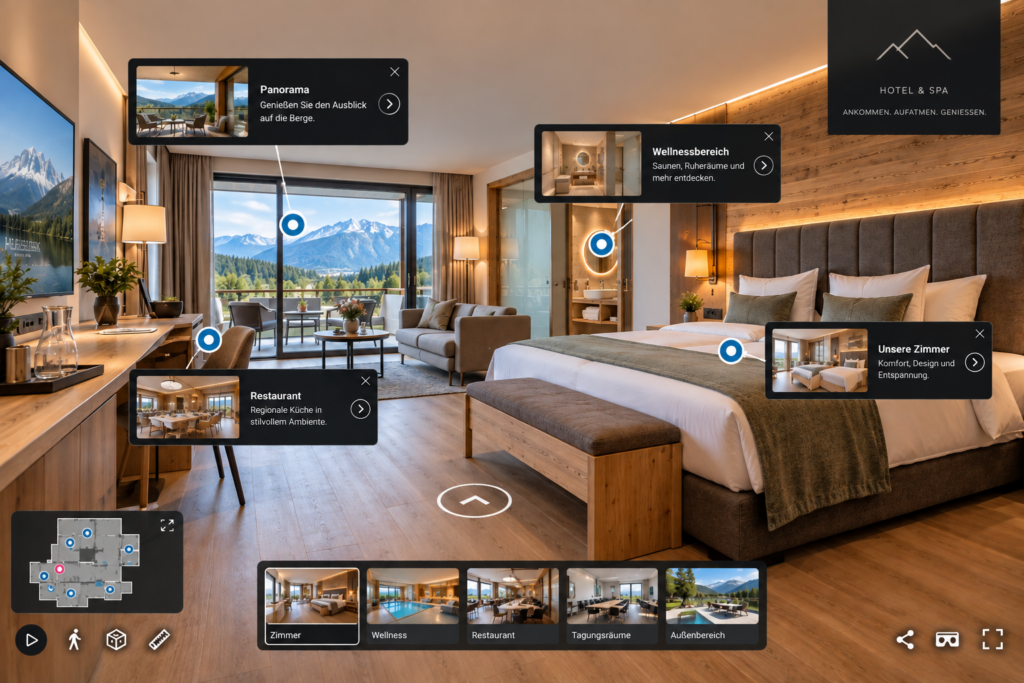 Virtueller 360°-Rundgang durch ein Hotelzimmer mit Informationen zu Zimmer, Wellness, Restaurant und Panorama