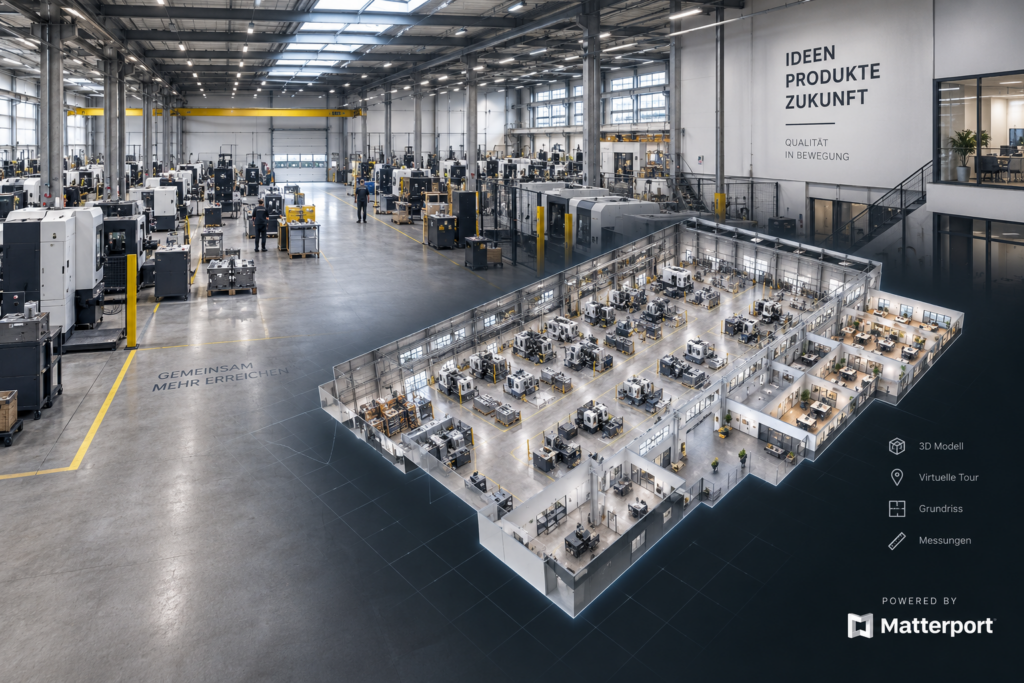 Industriehalle mit virtuellem 3D-Puppenhausmodell für einen Matterport 360°-Rundgang