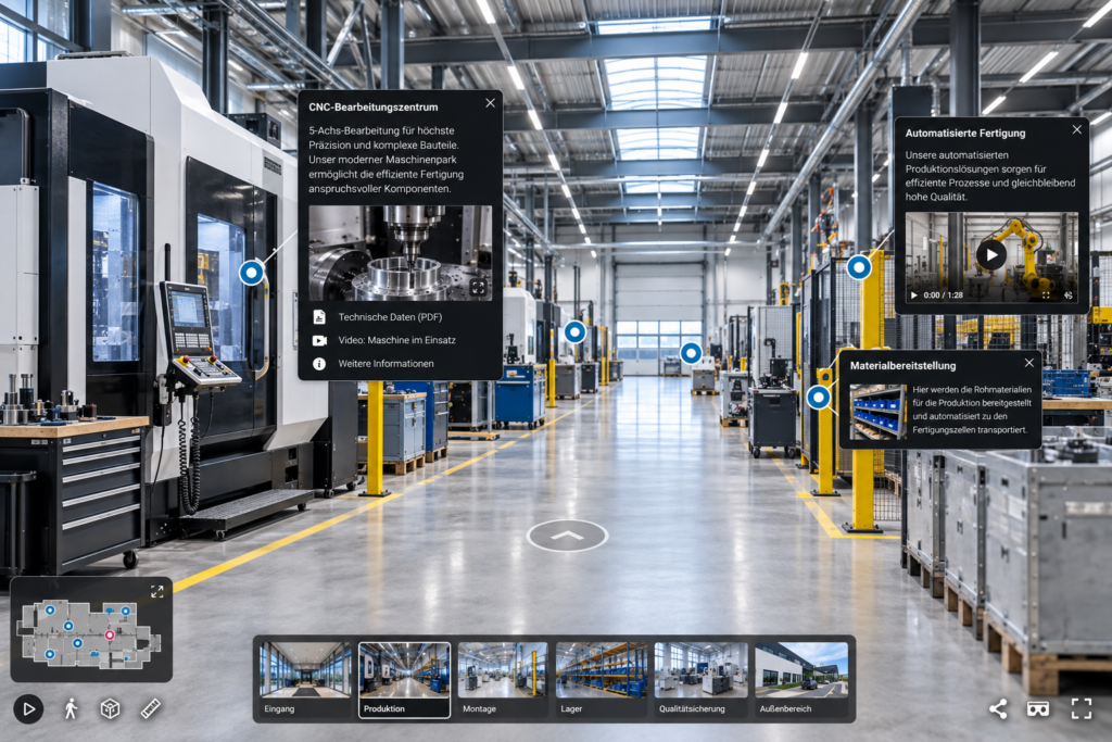 Virtueller 360°-Rundgang durch eine Industriehalle mit Mattertags und Informationen zu Maschinen und Produktionsbereichen