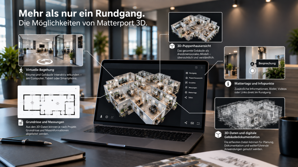 Matterport 3D-Rundgang mit Puppenhausansicht, Grundriss, Messungen und digitalen Gebäudedaten