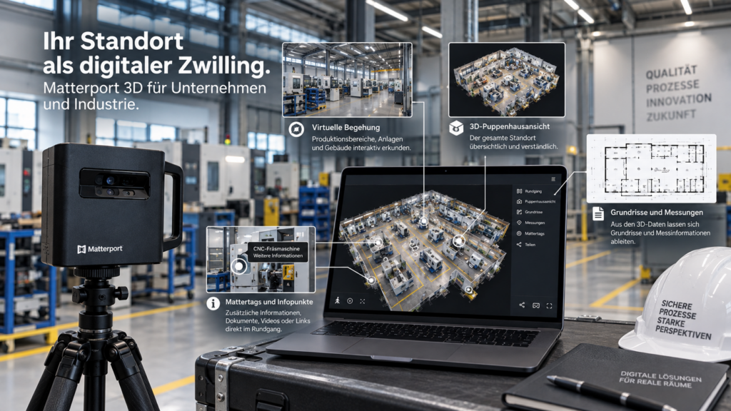Professionelle Matterport 3D-Erfassung einer Produktionshalle für virtuelle Begehungen, digitale Zwillinge, Grundrisse, Messungen und Gebäudedokumentation.
