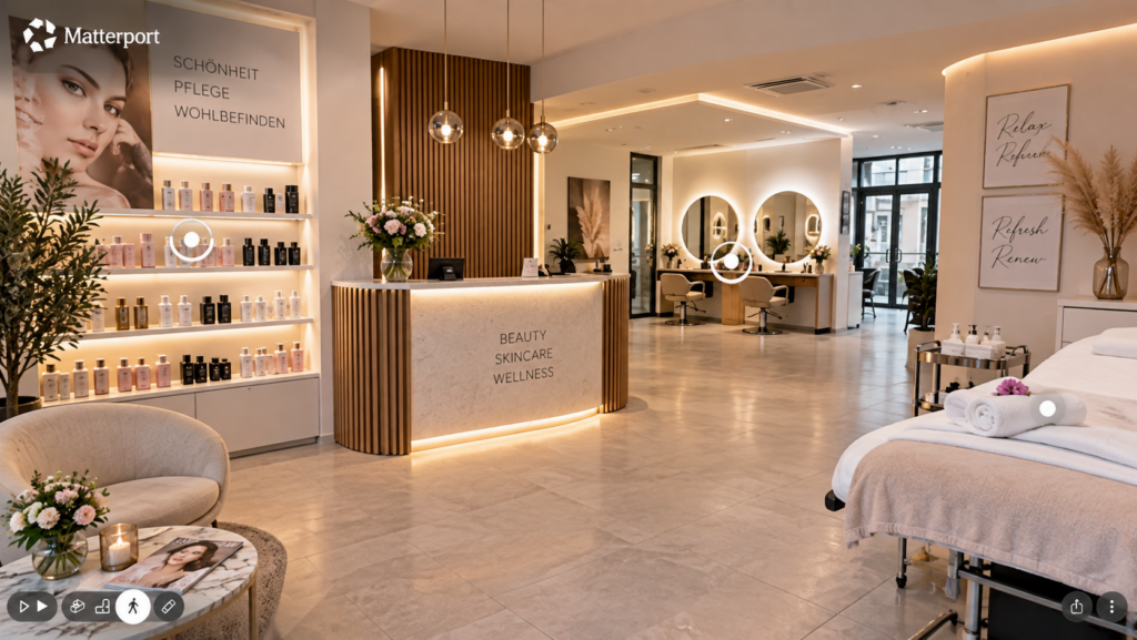Virtueller 360°-Rundgang durch einen Schönheitssalon mit Behandlungsbereich und interaktiven Informationspunkten