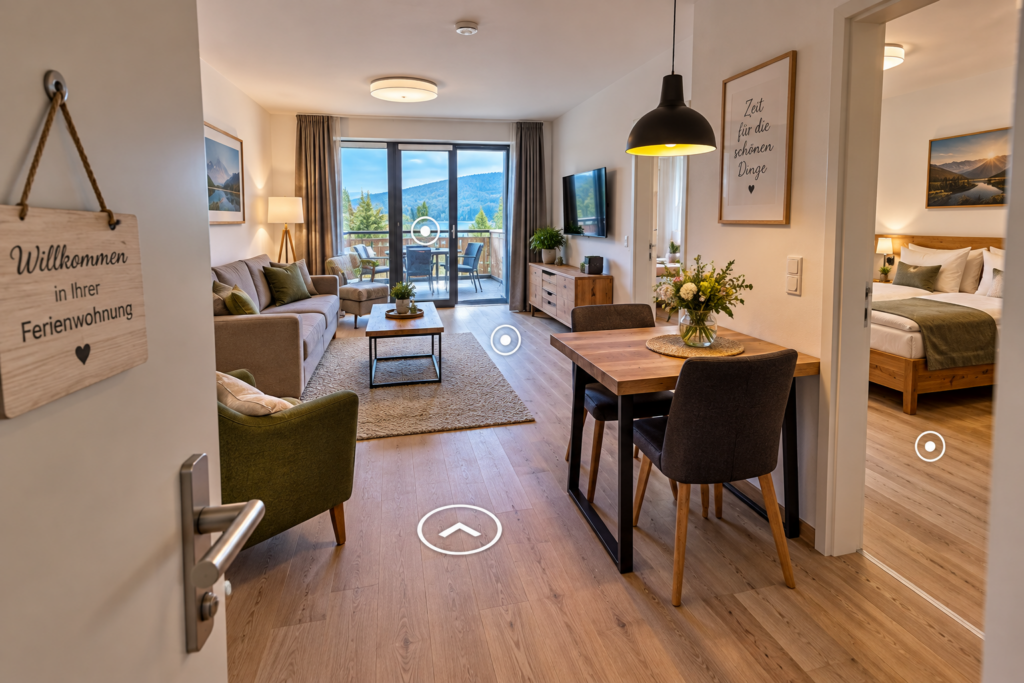 Virtueller 360°-Rundgang durch eine moderne Ferienwohnung mit Wohnbereich, Schlafzimmer und Balkon