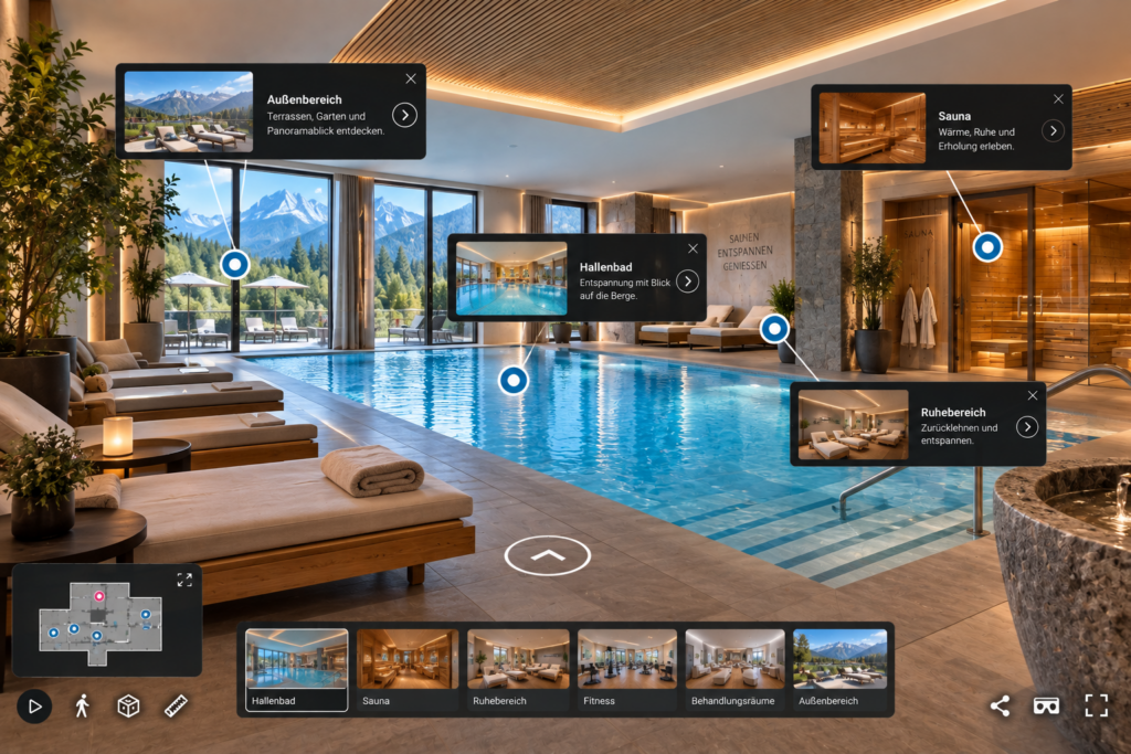 Virtueller 360°-Rundgang durch den Wellnessbereich eines Hotels mit Hallenbad, Sauna und Ruhebereich